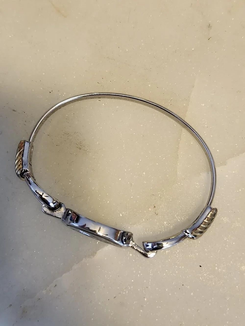 Avon Silver Tone & Gold Accent Abalone Oval Stone Hinged Bangle Bracelet
